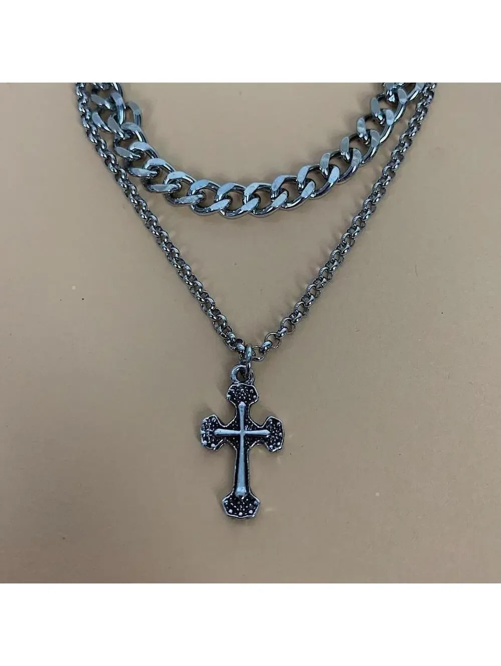 Y2k Cyber Double layer opium silver chrome cross chain grunge Cuban link